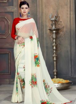 Amazing White Georgette Printed Casual Wear Saree