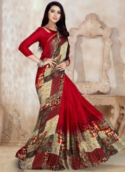 Sublime Red Satin Georgette Printed Casual Wear Saree