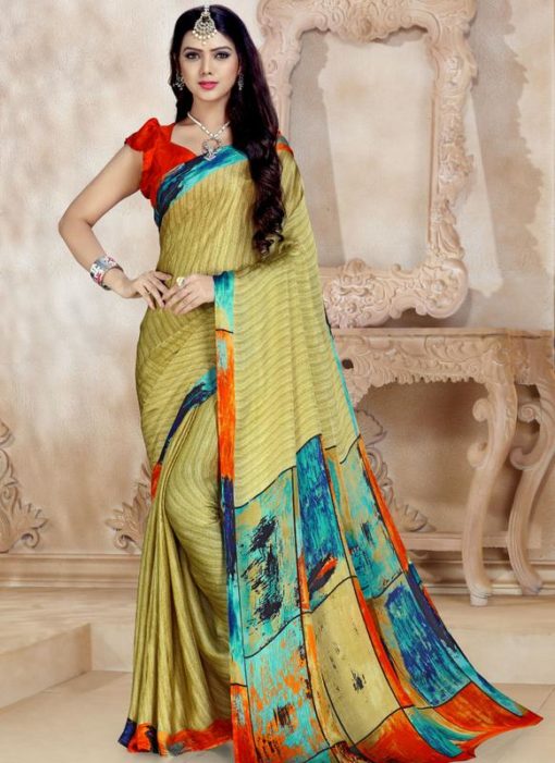 Deluxe Green Satin Georgette Printed Casual Wear Saree