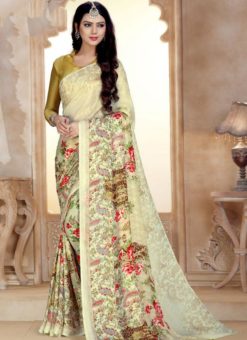 Lovely Cream Satin Georgette Printed Casual Wear Saree