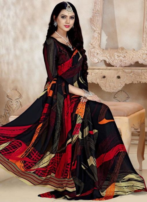 Elegant Black Satin Georgette Printed Casual Wear Saree