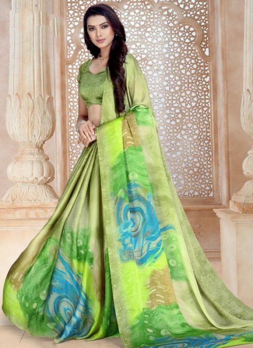 Attractive Green Satin Georgette Printed Casual Wear Saree