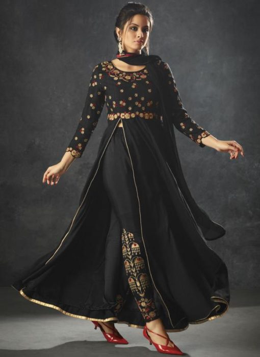 Lavish Black Silk Embroidered Work Designer Anarkali Salwar Kameez