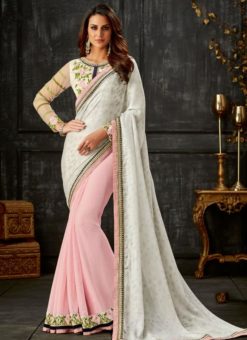 Delicious White And Pink Georgette Designer Party Wear Saree