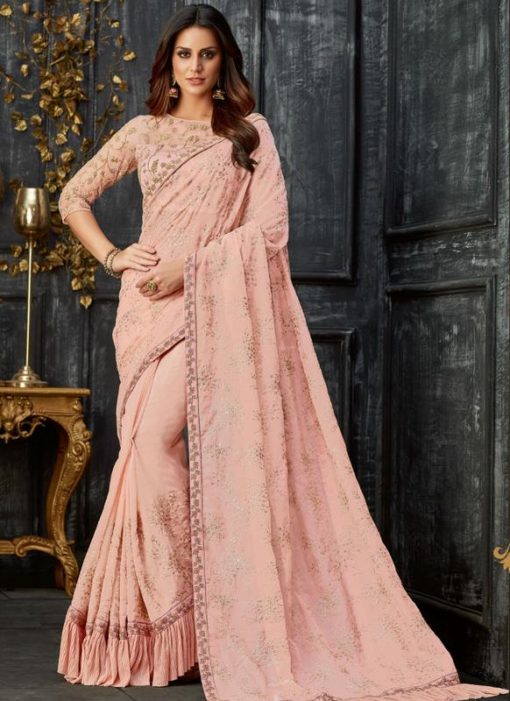 Fashionable Pink Tissue Silk Designer Party Wear Saree
