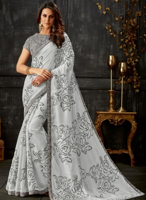 Awesome Grey Tissue Silk Designer Party Wear Saree