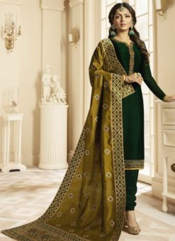 Elegant Green Satin Georgette Embroidered Work Designer Churidar Salwar Kameez