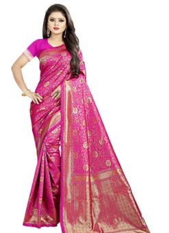 Charming Pink Jacquard Cotton Zari Print Traditional Saree