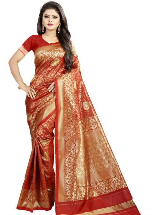 Glorious Red Jacquard Cotton Zari Print Traditional Saree