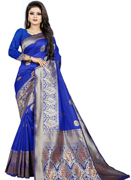 Elegant Navy Blue Jacquard Cotton Zari Print Traditional Saree
