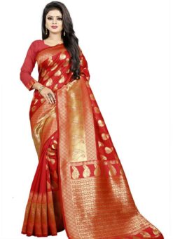 Fabulous Red Jacquard Cotton Zari Print Traditional Saree
