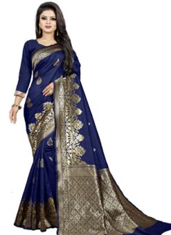 Exquisite Blue Jacquard Cotton Zari Print Traditional Saree