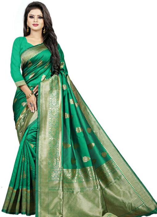 Amazing Green Jacquard Cotton Zari Print Traditional Saree