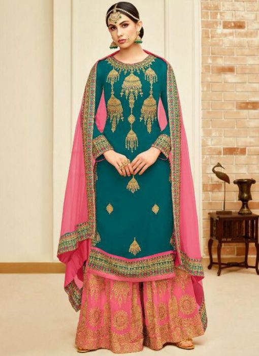 Glorious Green Faux Georgette Designer Embroidered Work Palazzo Salwar Kameez