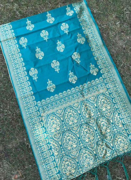 Amazing Blue Jacquard Silk Zari Printed Fancy Dupatta