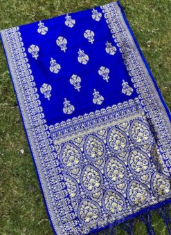 Glorious Royal Blue Jacquard Silk Zari Printed Fancy Dupatta