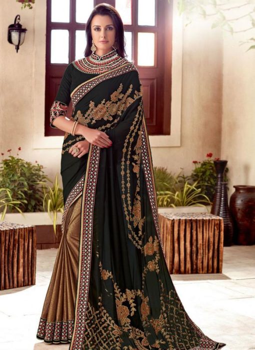 Alluring Blakc And Gold Georgette With Lycra Designer Party Wear Saree