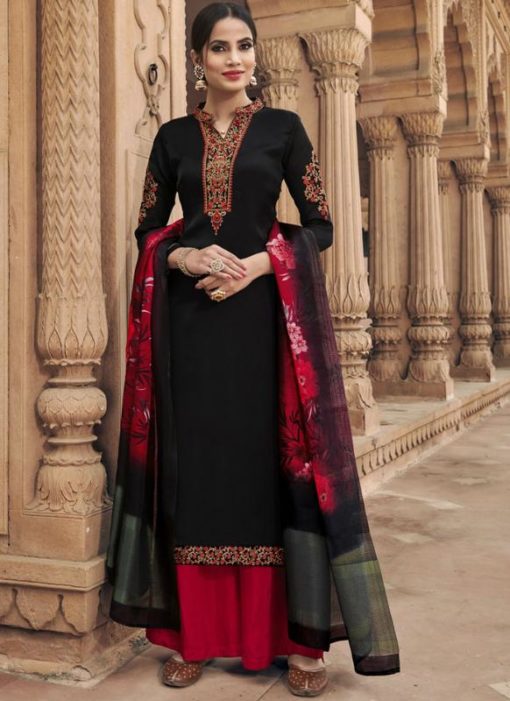 Attractive Black Georgette Satin Embroidered Work Party Wear Palazzo Salwar Kameez