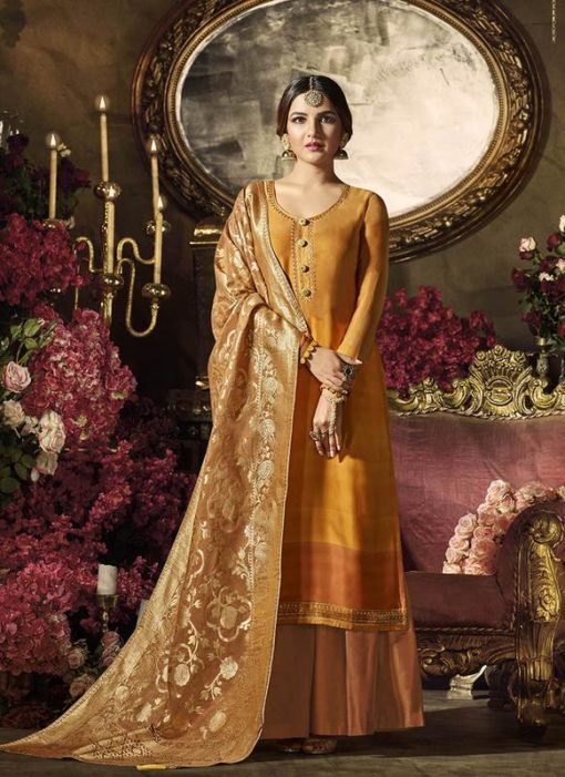 Saree Buzz Shaded Orange Colored Satin Georgette Sharara Style Suit