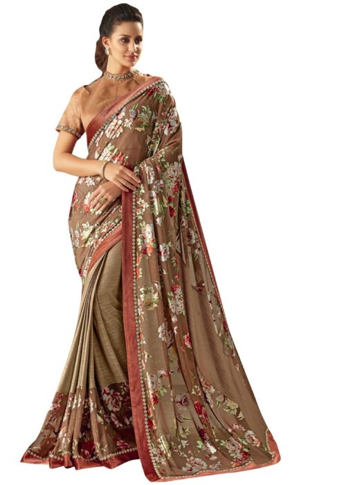 Amazing Brown And Peach Fancy Lycra Trendy Saree
