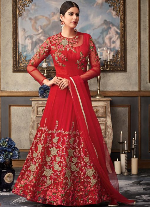 Elegant Red Fancy Net Floor Length Designer Anarkali Salwar Kameez