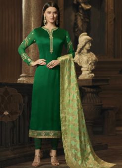 Amazing Green Satin Georgette Designer Churidar Salwar Kameez