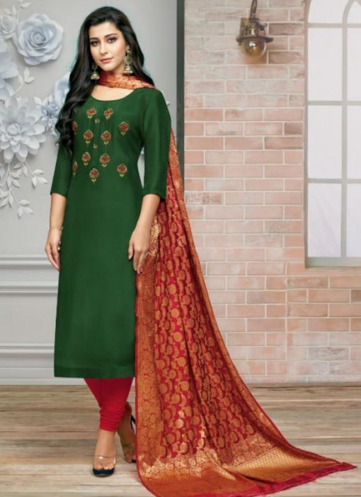 Green Silk Embroidered Designer Churidar Salwar Kameez