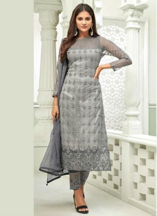 Grey Designer Net Handwork Party Wear Churidar Salwar Kameez