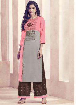 Grey And Pink Rayon Cotton Printed Casual Wear Palazzo Salwar Kameez