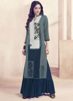 Grey And Blue Rayon Cotton Printed Casual Wear Palazzo Salwar Kameez