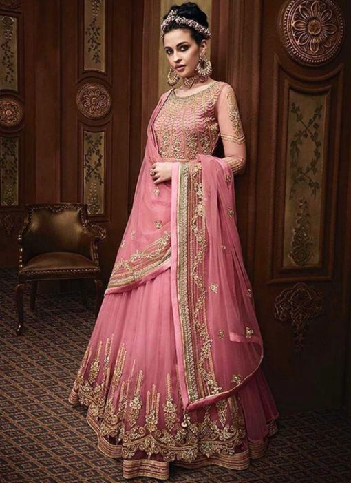 Mesmerizing Pink Net Floor Length Anarkali Salwar Kameez