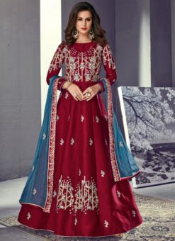 Lovely Red Tussar Silk Designer Floor Length Anarkali Salwar Kameez