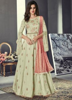 Alluring Cream Tussar Silk Designer Floor Length Anarkali Salwar Kameez