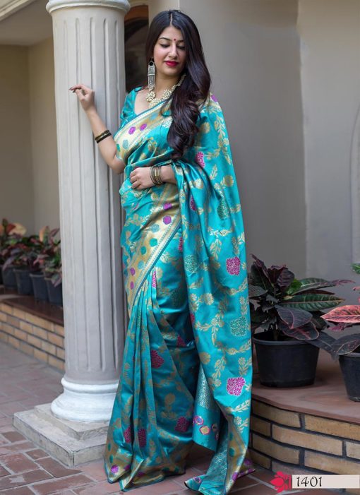 Hitansh Sky Blue Designer Banarasi Silk Saree