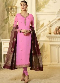 Pink Satin Georgette Designer Churidar Salwar Kameez