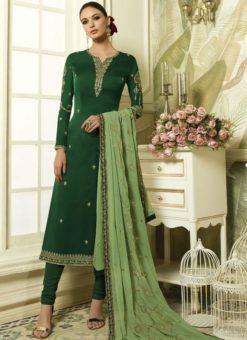 Green Satin Georgette Designer Party Wear Churidar Salwar Kameez