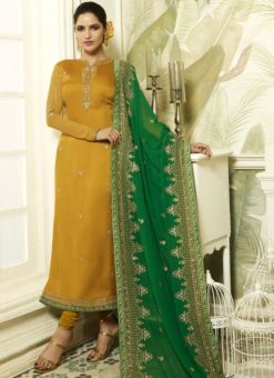 Yellow Satin Georgette Designer Party Wear Churidar Salwar Kameez