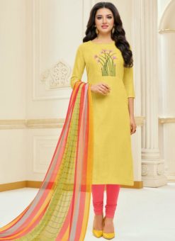 Yellow Cotton Casual Wear Churidar Salwar Kameez