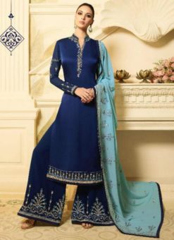 Navy Blue Satin Georgette Designer Party Wear Palazzo Salwar Kameez