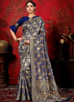 Navy Blue Banarasi Silk Zari Print Saree