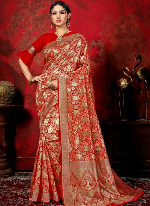 Red Banarasi Silk Zari Print Saree