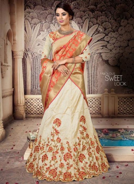 Cream Art Silk Designer Wedding Lehenga Choli