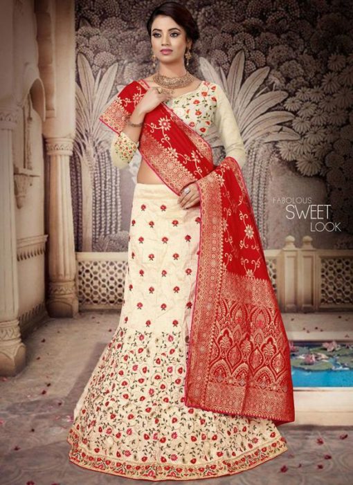 Cream Art Silk Designer Wedding Lehenga Choli