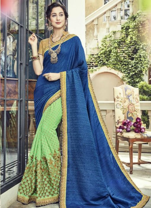 Blue And Green Silk Half N Half Designer Saree