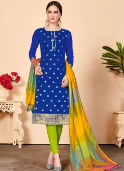 Royale Blue Jacquard Silk Party Wear Churidar Salwar Kameez
