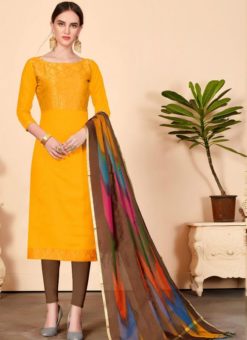 Mustard Yellow Jacquard Silk Party Wear Churidar Salwar Kameez