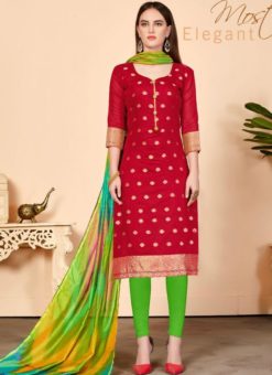Red Jacquard Silk Party Wear Churidar Salwar Kameez