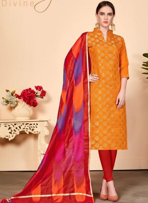 Orange Jacquard Silk Party Wear Churidar Salwar Kameez