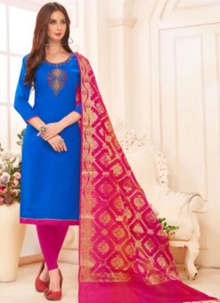 Royale Blue And Pink Cotton Casual Wear Churidar Salwar Kameez