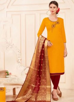 Yellow And Maroon Cotton Casual Wear Churidar Salwar Kameez